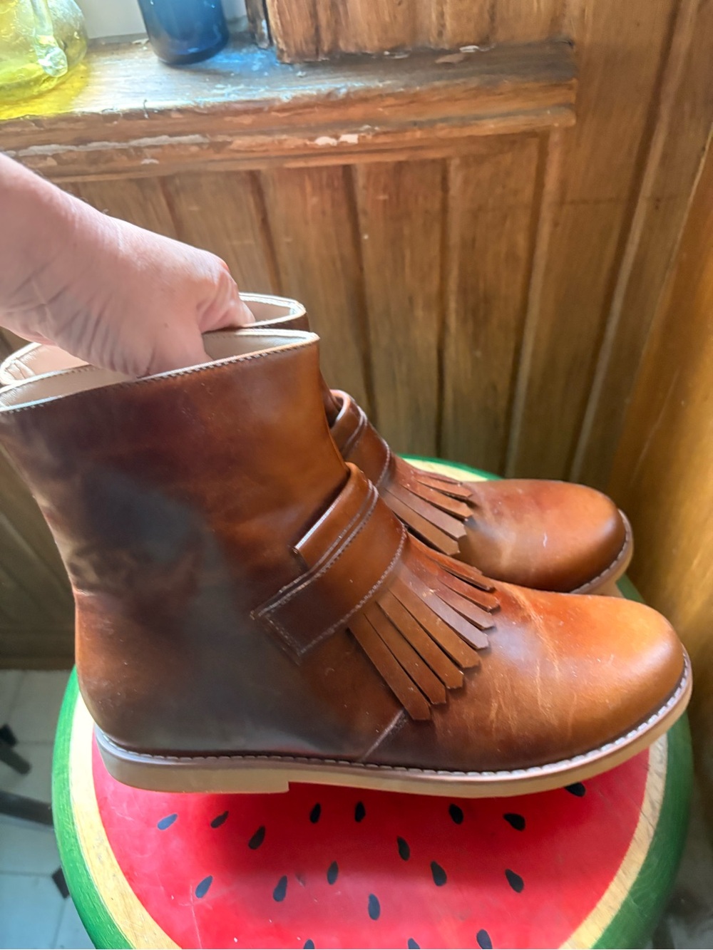 Elephantito Brown Fringe Leather Ankle Boots - Picture 2 of 5